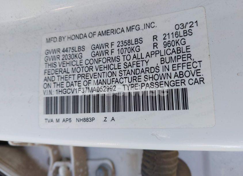 Photo 9 of 2021 Honda Accord SPORT (VIN 1HGCV1F37MA052992)