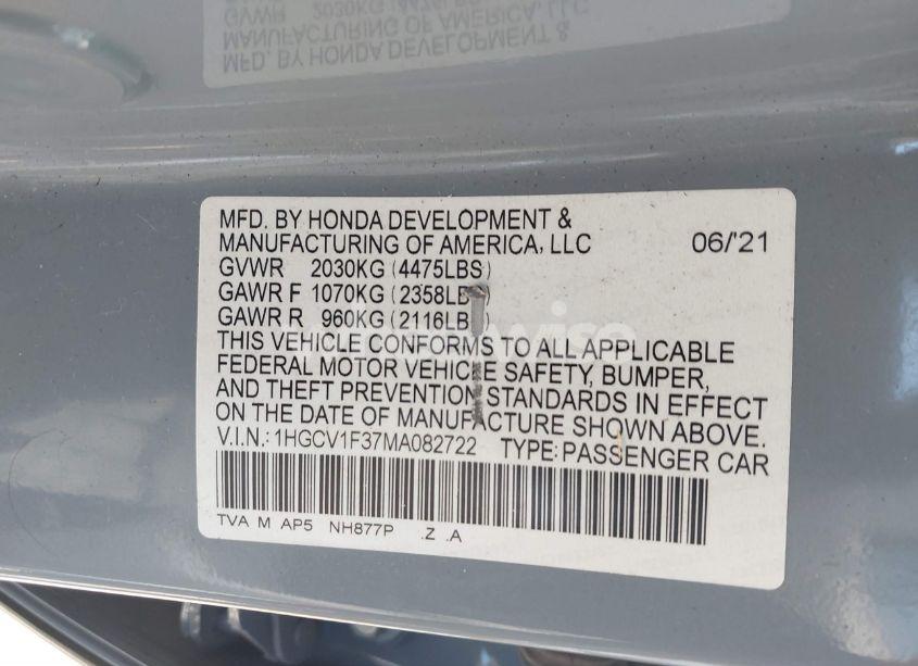 Photo 9 of 2021 Honda Accord SPORT (VIN 1HGCV1F37MA082722)