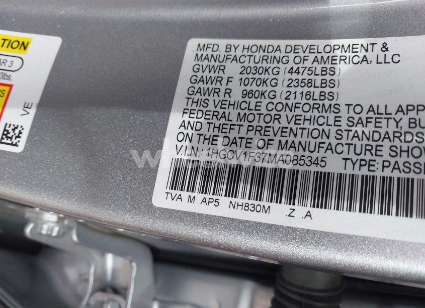 Photo 9 of 2021 Honda Accord SPORT (VIN 1HGCV1F37MA085345)