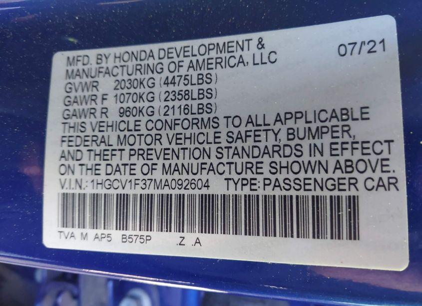 Photo 9 of 2021 Honda Accord SPORT (VIN 1HGCV1F37MA092604)