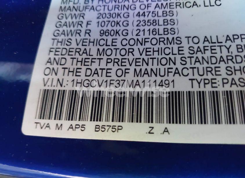 Photo 9 of 2021 Honda Accord SPORT (VIN 1HGCV1F37MA111491)