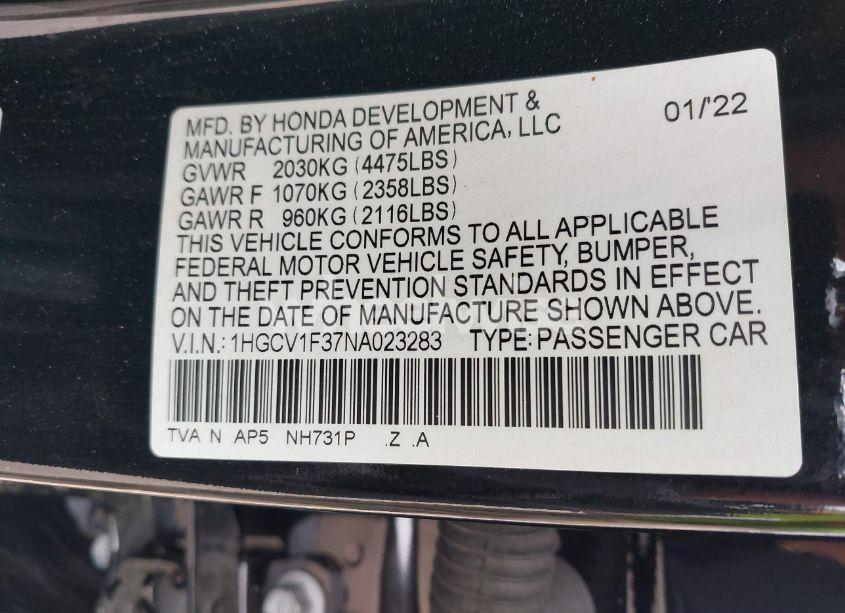 Photo 9 of 2022 Honda Accord SPORT (VIN 1HGCV1F37NA023283)