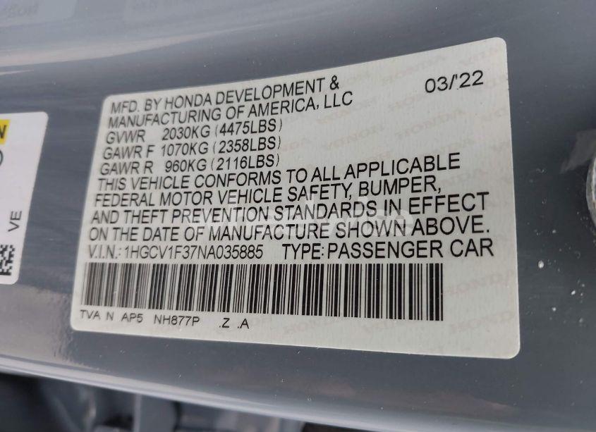 Photo 9 of 2022 Honda Accord SPORT (VIN 1HGCV1F37NA035885)