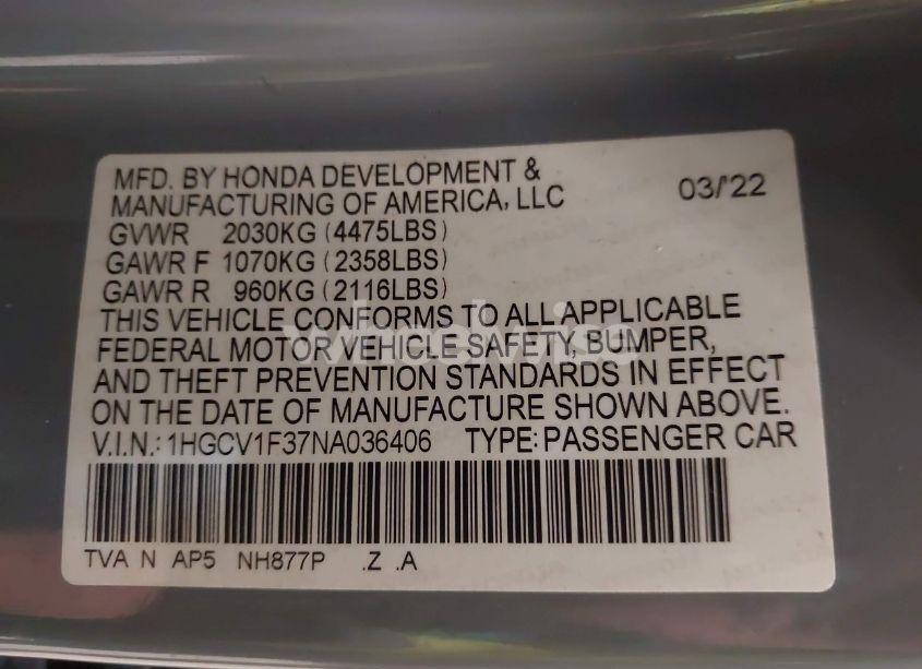 Photo 9 of 2022 Honda Accord SPORT (VIN 1HGCV1F37NA036406)