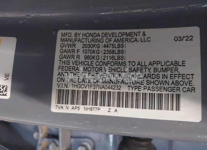 Photo 9 of 2022 Honda Accord SPORT (VIN 1HGCV1F37NA044232)