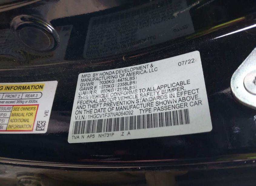 Photo 9 of 2022 Honda Accord SPORT (VIN 1HGCV1F37NA064092)