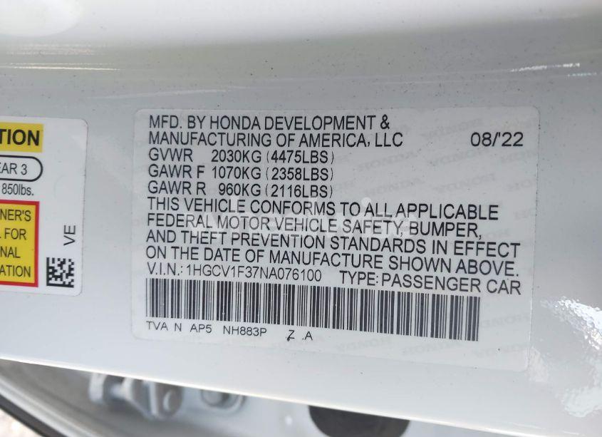 Photo 9 of 2022 Honda Accord SPORT (VIN 1HGCV1F37NA076100)