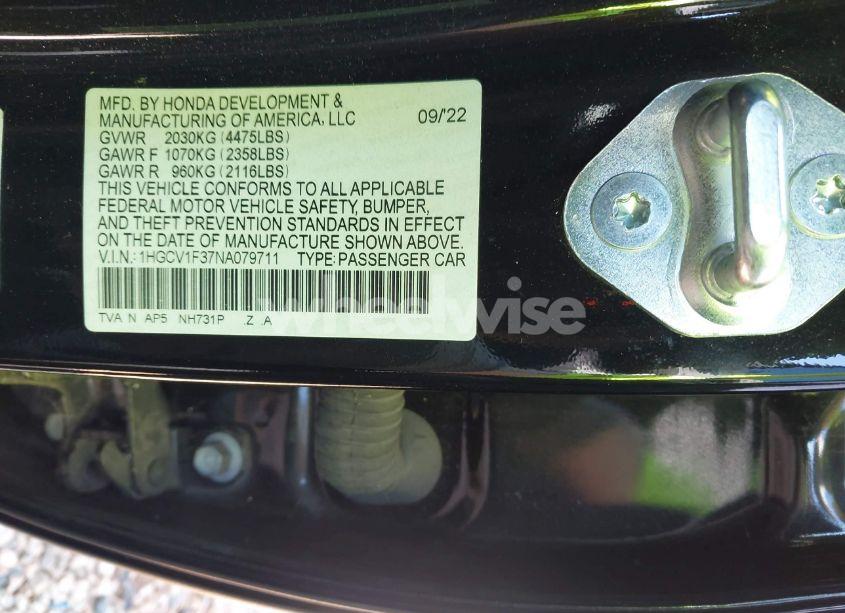 Photo 9 of 2022 Honda Accord SPORT (VIN 1HGCV1F37NA079711)
