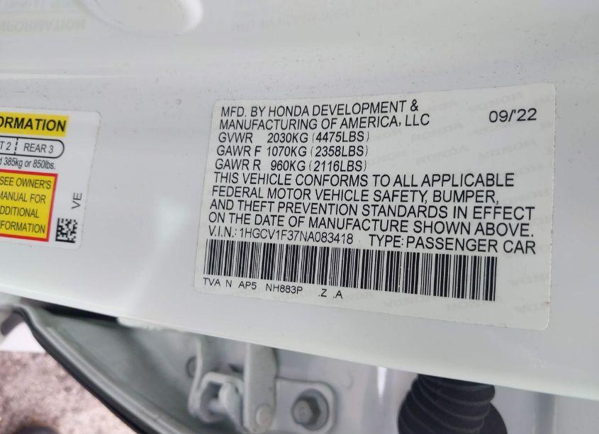 Photo 9 of 2022 Honda Accord SPORT (VIN 1HGCV1F37NA083418)