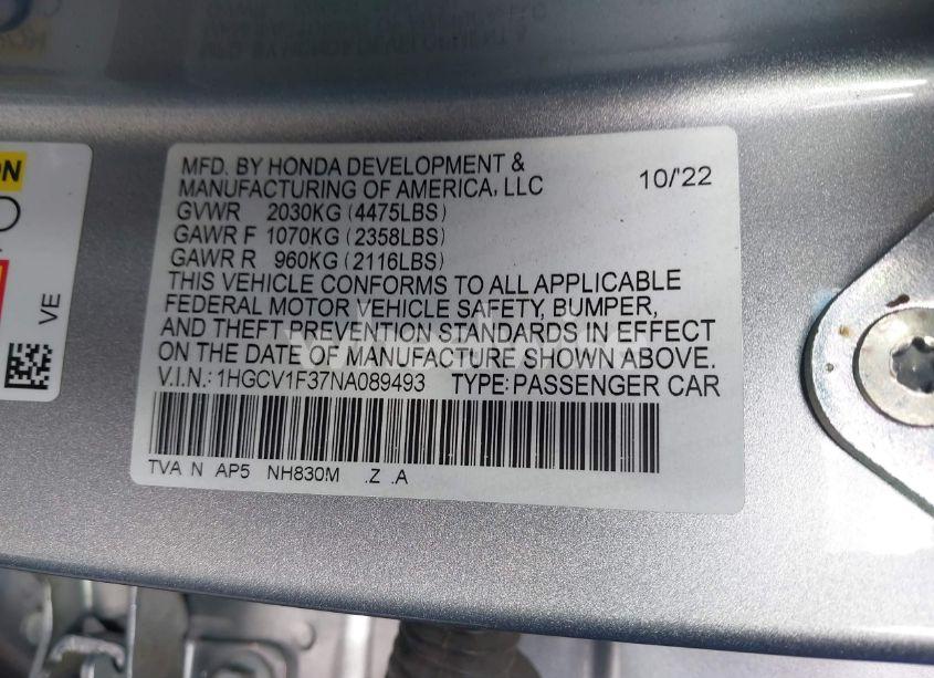 Photo 9 of 2022 Honda Accord SPORT (VIN 1HGCV1F37NA089493)