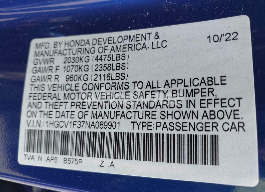 Photo 9 of 2022 Honda Accord SPORT (VIN 1HGCV1F37NA089901)