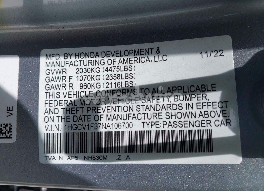 Photo 9 of 2022 Honda Accord SPORT (VIN 1HGCV1F37NA106700)