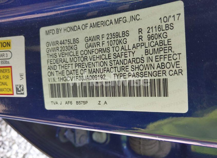 Photo 9 of 2018 Honda Accord SPORT (VIN 1HGCV1F38JA009192)