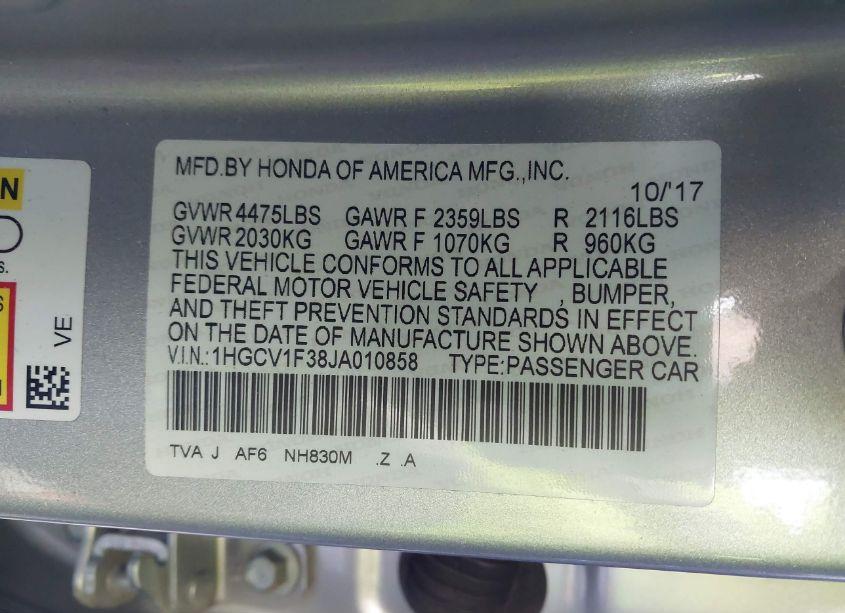 Photo 9 of 2018 Honda Accord SPORT (VIN 1HGCV1F38JA010858)