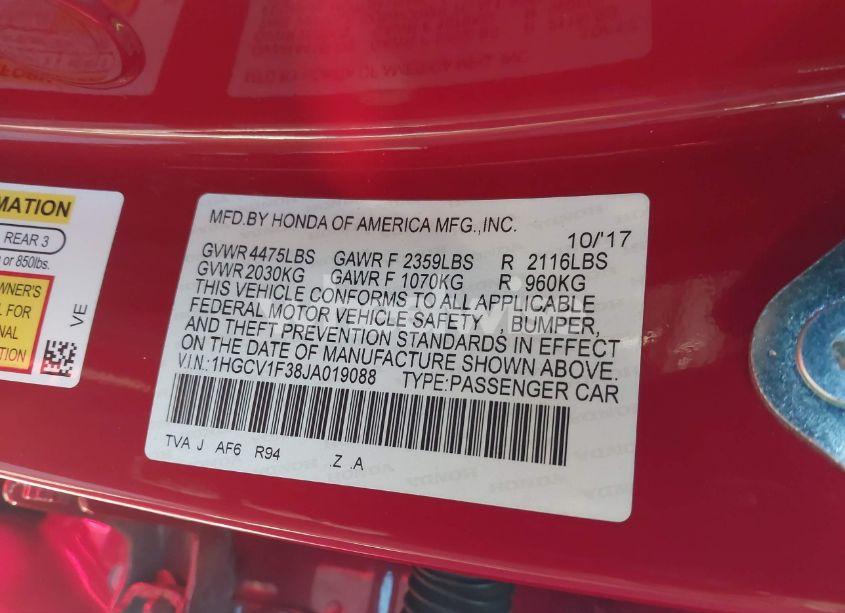 Photo 9 of 2018 Honda Accord SPORT (VIN 1HGCV1F38JA019088)