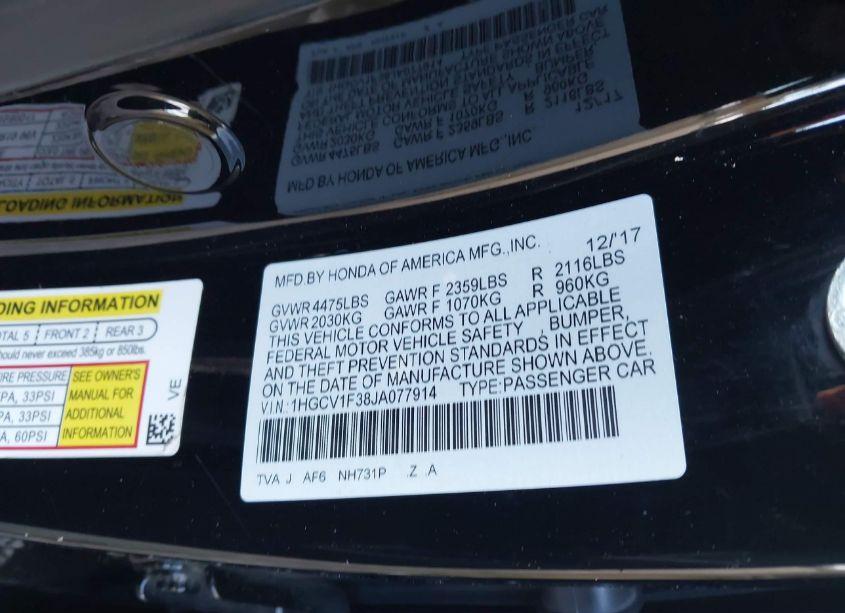 Photo 9 of 2018 Honda Accord SPORT (VIN 1HGCV1F38JA077914)