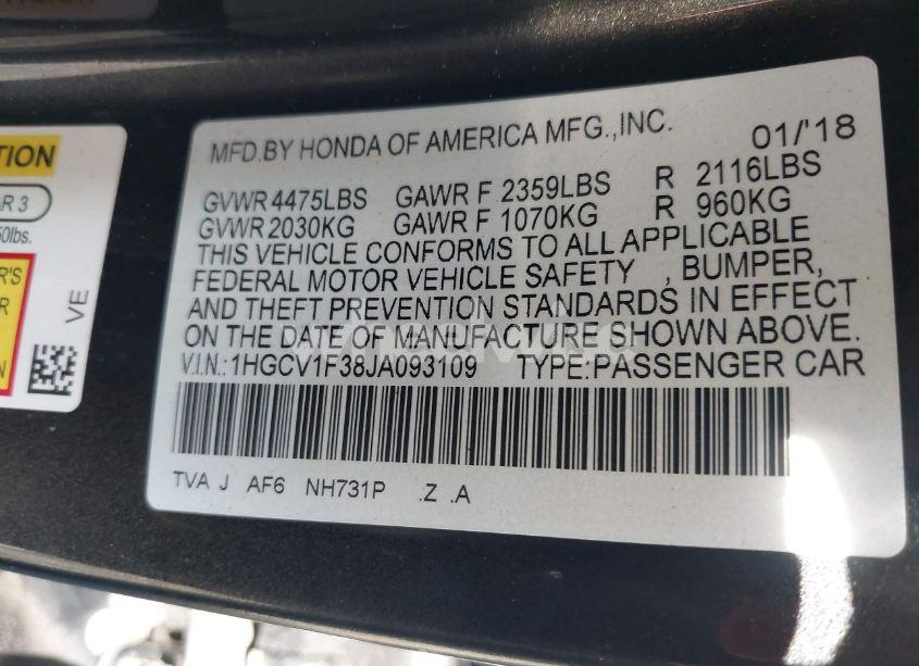 Photo 9 of 2018 Honda Accord SPORT (VIN 1HGCV1F38JA093109)