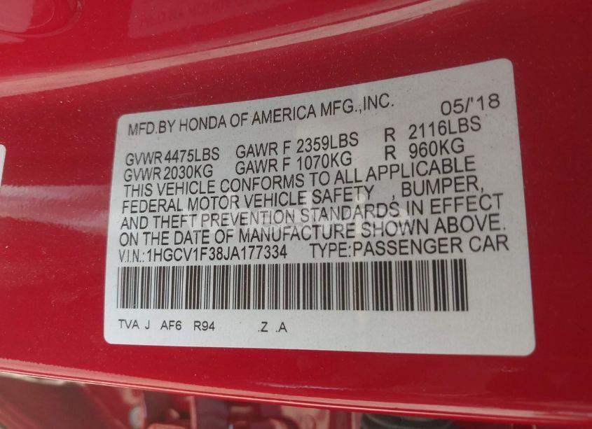 Photo 9 of 2018 Honda Accord SPORT (VIN 1HGCV1F38JA177334)