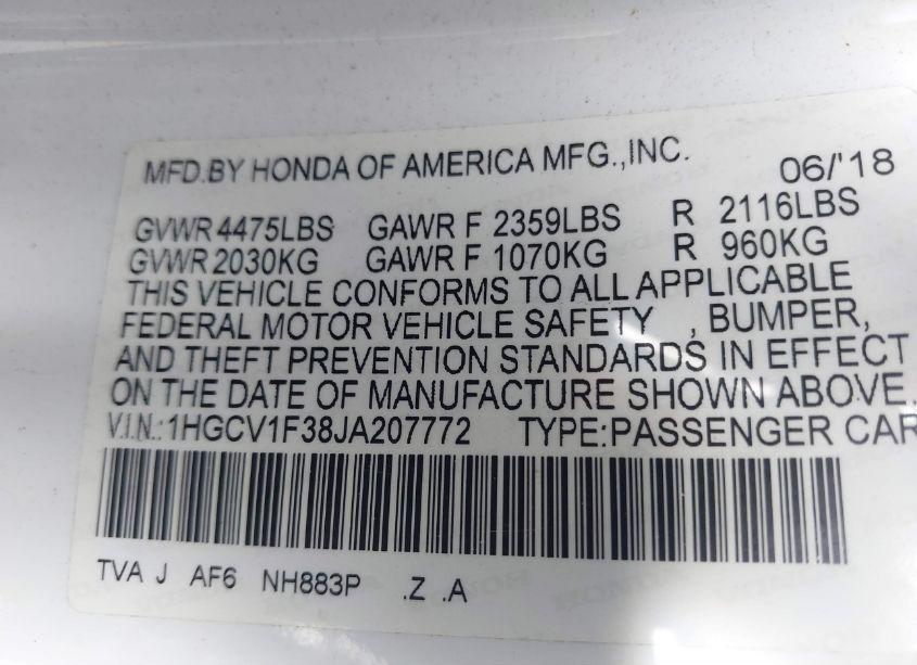 Photo 9 of 2018 Honda Accord SPORT (VIN 1HGCV1F38JA207772)