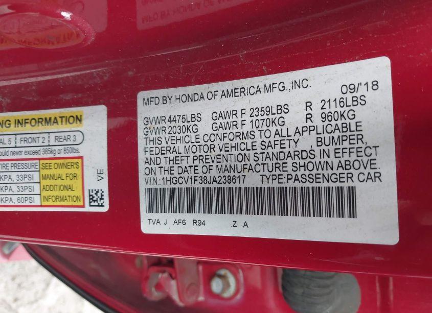 Photo 9 of 2018 Honda Accord SPORT (VIN 1HGCV1F38JA238617)