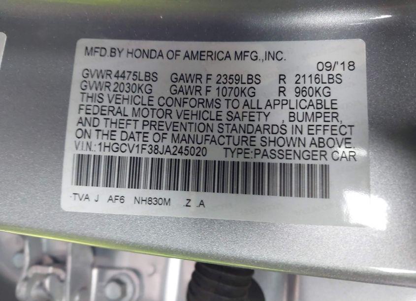 Photo 9 of 2018 Honda Accord SPORT (VIN 1HGCV1F38JA245020)