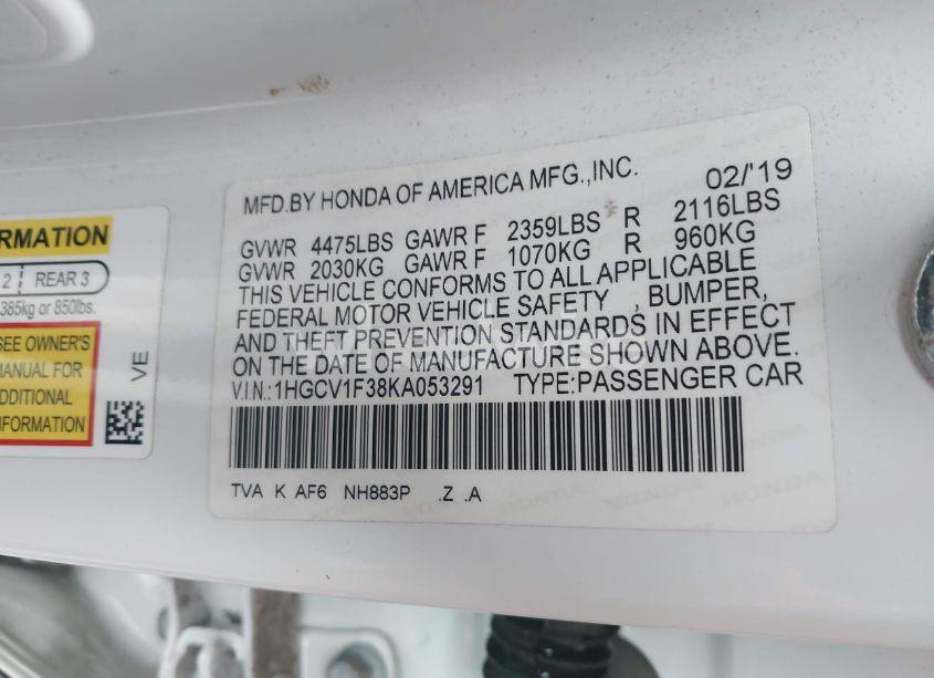 Photo 9 of 2019 Honda Accord SPORT (VIN 1HGCV1F38KA053291)