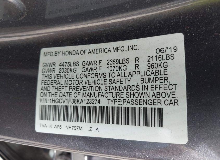 Photo 9 of 2019 Honda Accord SPORT (VIN 1HGCV1F38KA123274)