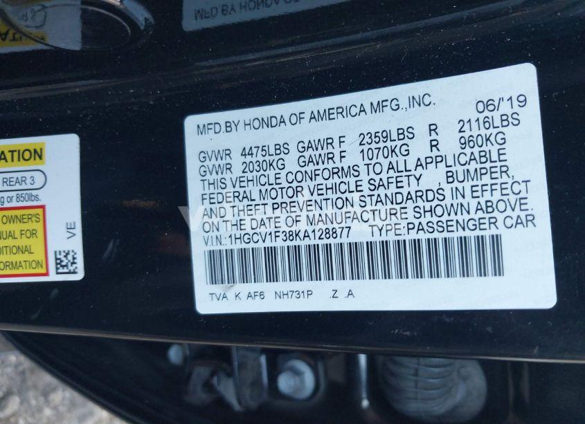 Photo 9 of 2019 Honda Accord SPORT (VIN 1HGCV1F38KA128877)