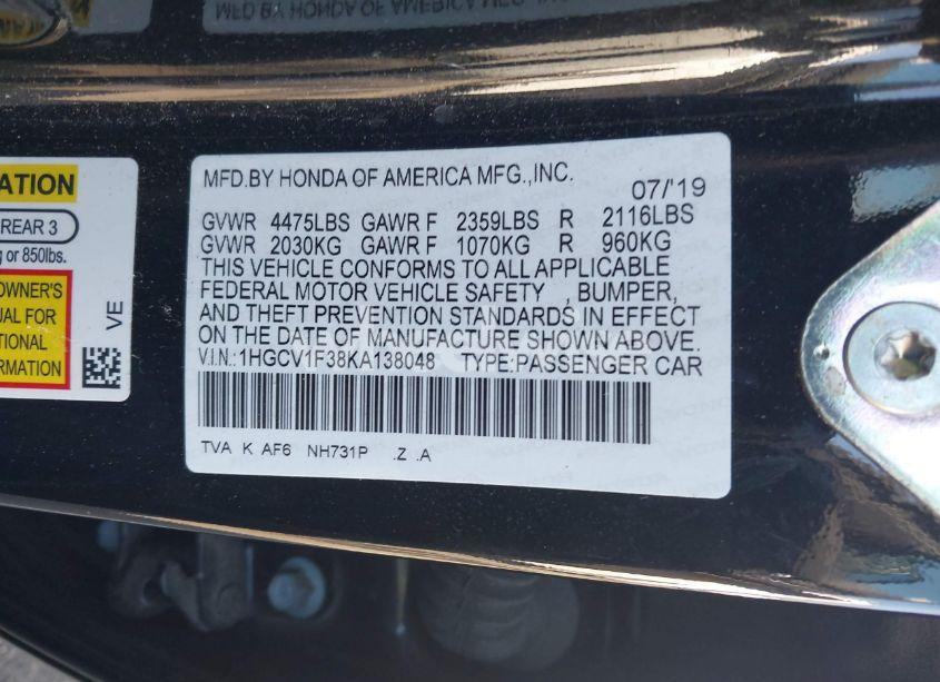 Photo 9 of 2019 Honda Accord SPORT (VIN 1HGCV1F38KA138048)