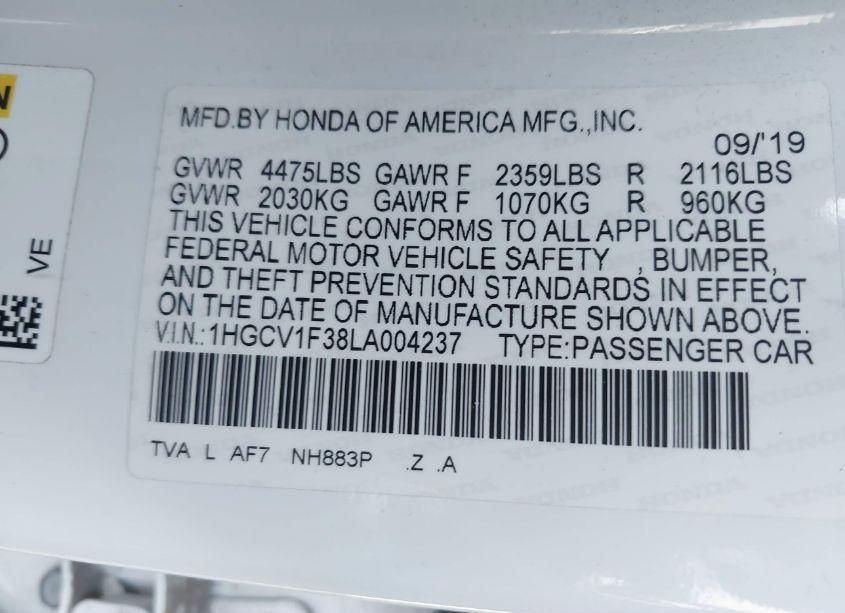 Photo 9 of 2020 Honda Accord SPORT (VIN 1HGCV1F38LA004237)