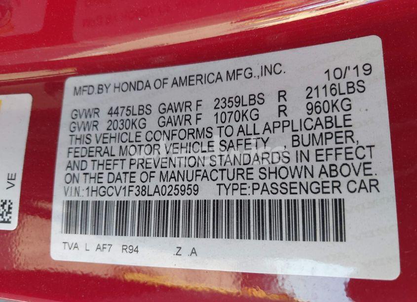 Photo 9 of 2020 Honda Accord SPORT (VIN 1HGCV1F38LA025959)