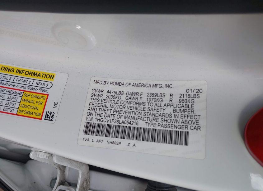 Photo 9 of 2020 Honda Accord SPORT (VIN 1HGCV1F38LA054216)