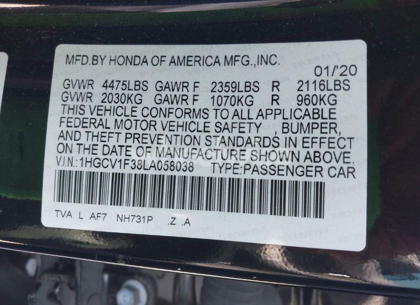 Photo 9 of 2020 Honda Accord SPORT (VIN 1HGCV1F38LA058038)