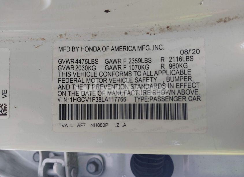 Photo 9 of 2020 Honda Accord SPORT (VIN 1HGCV1F38LA117766)