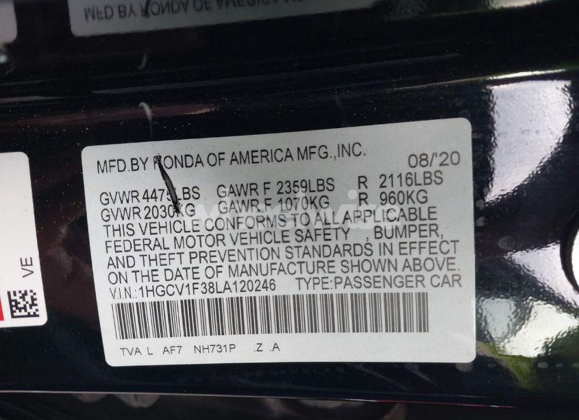 Photo 9 of 2020 Honda Accord SPORT (VIN 1HGCV1F38LA120246)