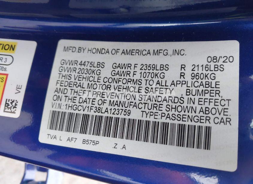 Photo 9 of 2020 Honda Accord SPORT (VIN 1HGCV1F38LA123759)