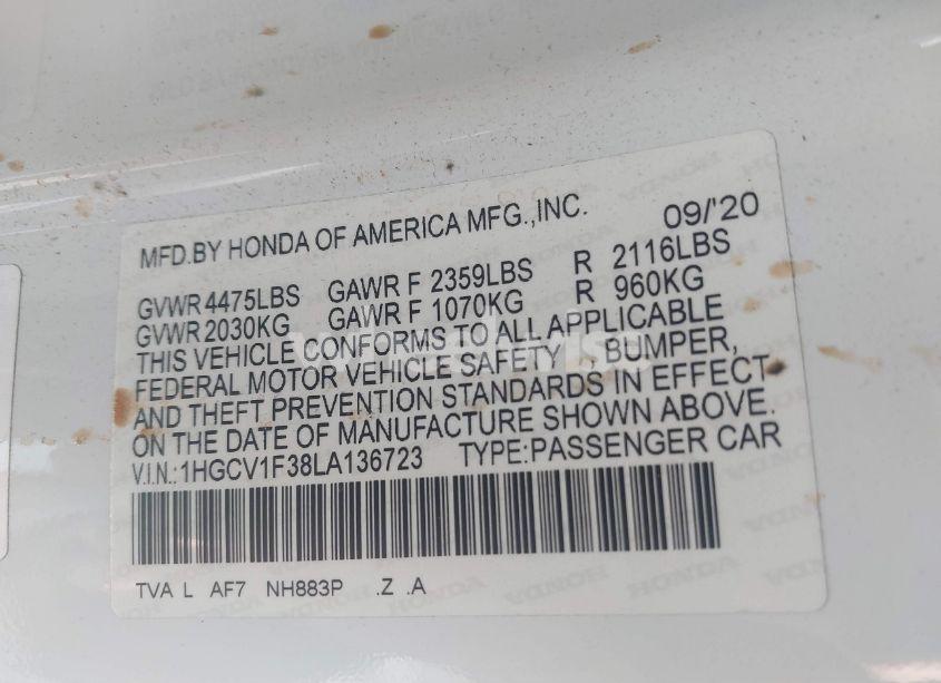 Photo 9 of 2020 Honda Accord SPORT (VIN 1HGCV1F38LA136723)