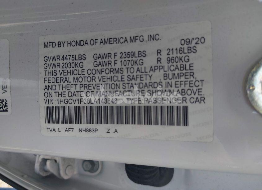 Photo 9 of 2020 Honda Accord SPORT (VIN 1HGCV1F38LA143848)