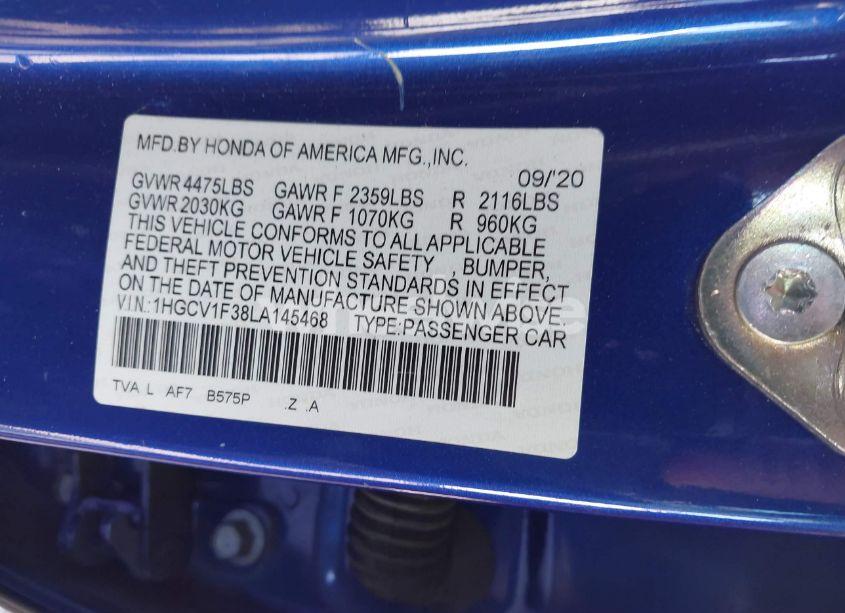 Photo 9 of 2020 Honda Accord SPORT (VIN 1HGCV1F38LA145468)