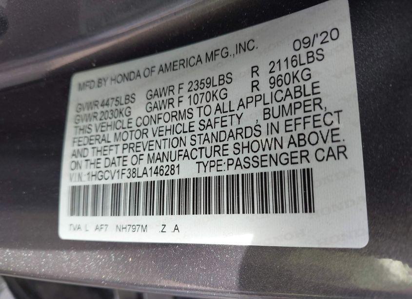 Photo 9 of 2020 Honda Accord SPORT (VIN 1HGCV1F38LA146281)