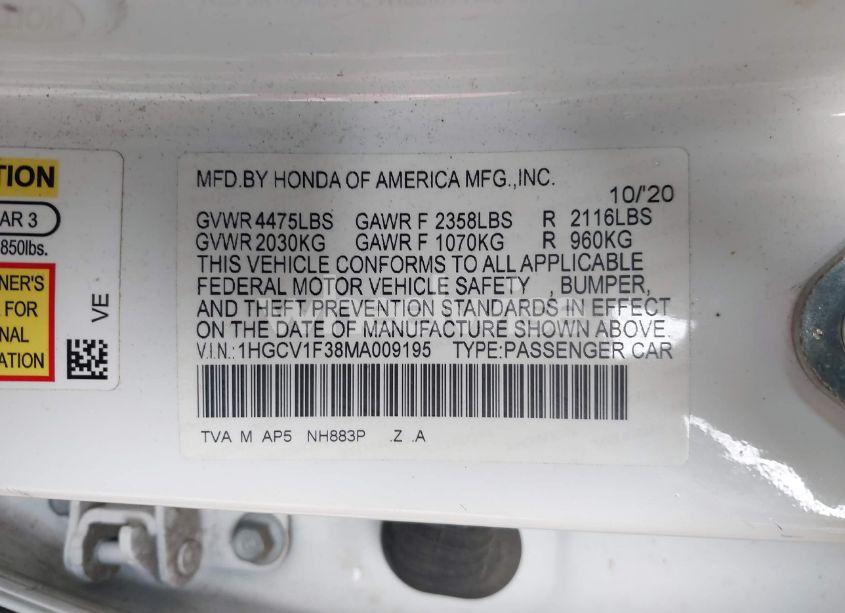 Photo 9 of 2021 Honda Accord SPORT (VIN 1HGCV1F38MA009195)
