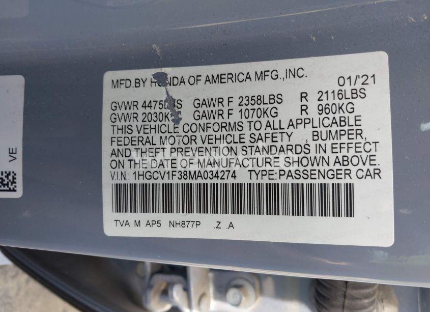 Photo 9 of 2021 Honda Accord SPORT (VIN 1HGCV1F38MA034274)