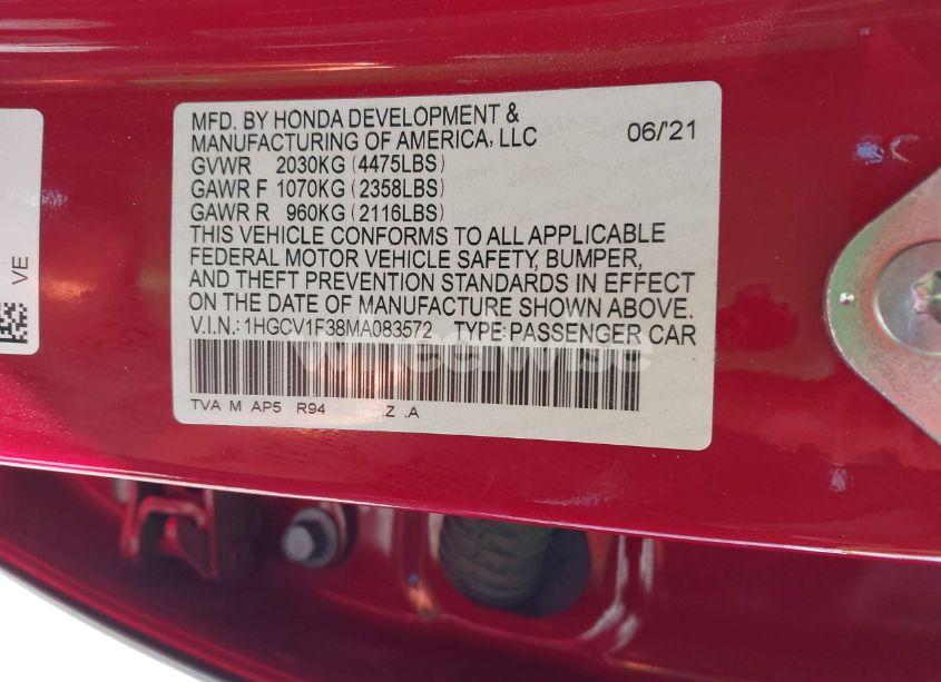 Photo 9 of 2021 Honda Accord SPORT (VIN 1HGCV1F38MA083572)