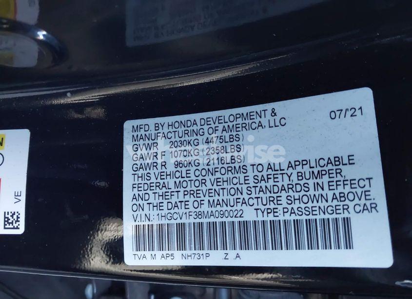 Photo 9 of 2021 Honda Accord SPORT (VIN 1HGCV1F38MA090022)