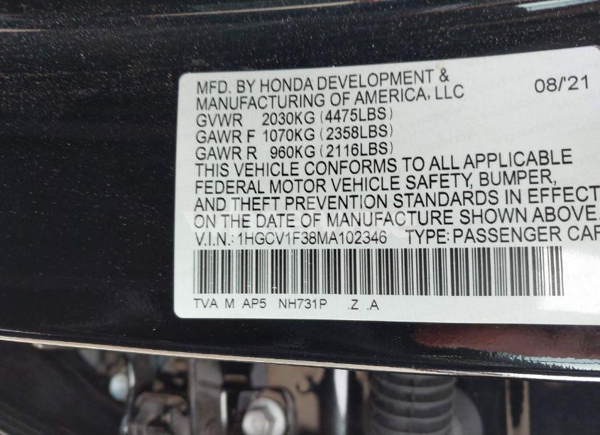 Photo 9 of 2021 Honda Accord SPORT (VIN 1HGCV1F38MA102346)
