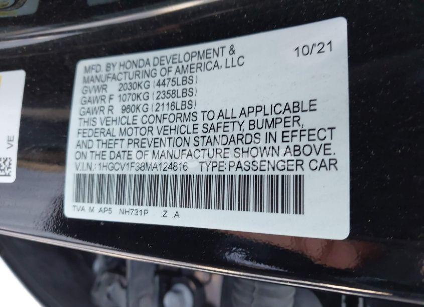 Photo 9 of 2021 Honda Accord SPORT (VIN 1HGCV1F38MA124816)