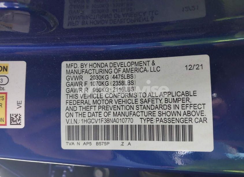 Photo 9 of 2022 Honda Accord SPORT (VIN 1HGCV1F38NA010770)