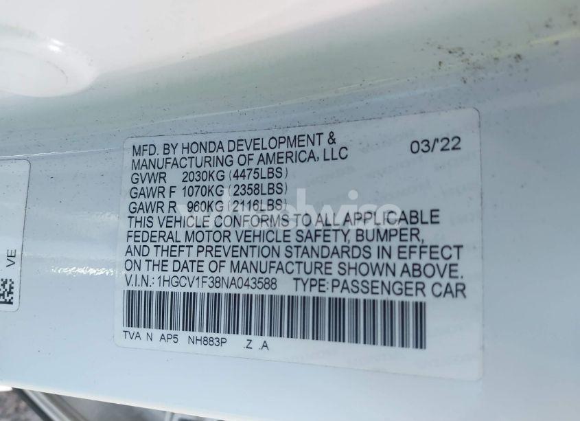Photo 9 of 2022 Honda Accord SPORT (VIN 1HGCV1F38NA043588)