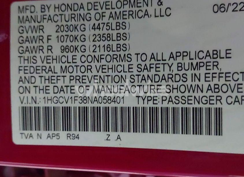 Photo 9 of 2022 Honda Accord SPORT (VIN 1HGCV1F38NA058401)