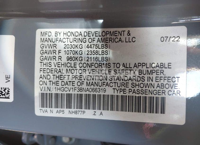 Photo 9 of 2022 Honda Accord SPORT (VIN 1HGCV1F38NA066319)